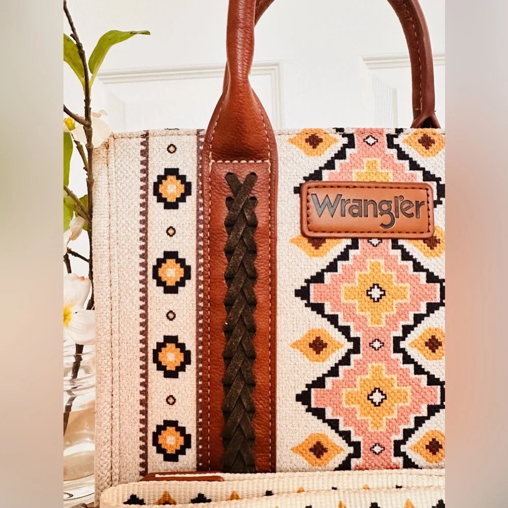 WRANGLER ~ Multicolored Aztec Pattern Design Canvas and Faux Leather Bag
